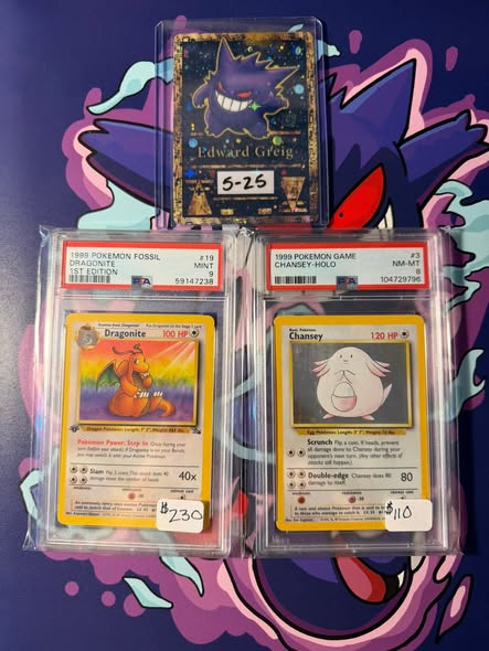 Pokémon cards for sale, including Gengar, Dragonite, and Chansey