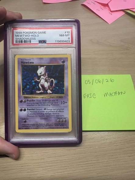 1999 Base Mewtwo Shadowless PSA 8 (newer CERT). Very Clean.